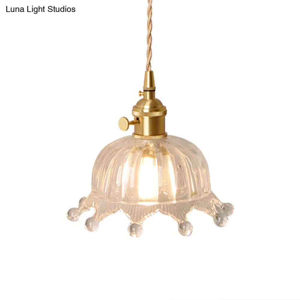 Glass Crown Pendant Lamp with Carved Design - Kids Bedroom Lighting in Brass