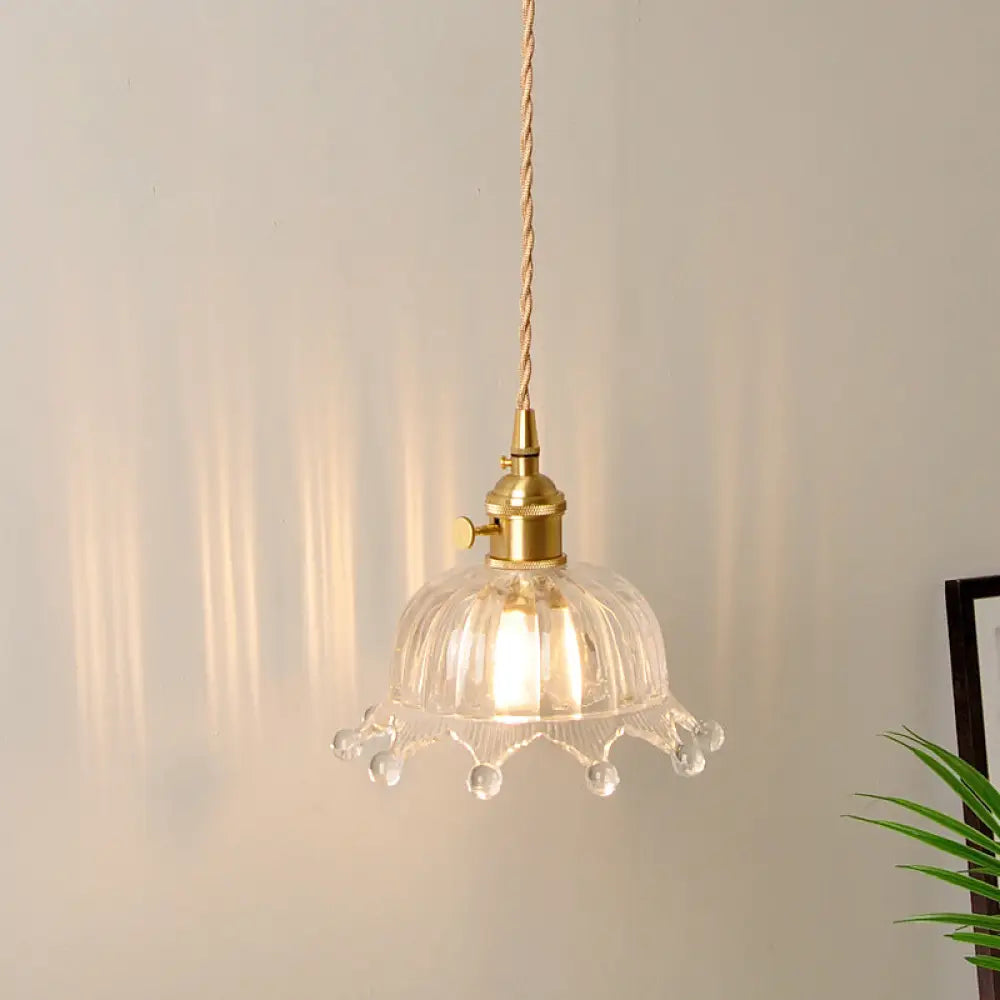 Glass Crown Pendant Lamp with Carved Design - Kids Bedroom Lighting in Brass