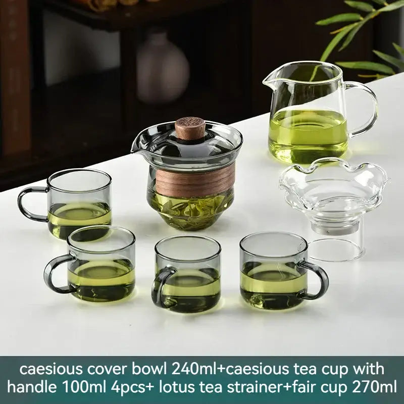 Clear glass gaiwan cup set with wooden lid knob copper band and matching cups for dining room tea filter use