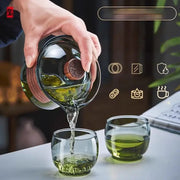 A clear glass gaiwan cup set with wooden lid and handle pouring green tea into matching glass cups