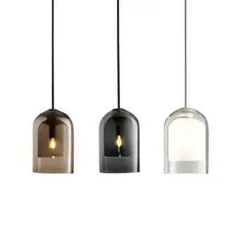 Three light glass led chandelier pendant with amber black and clear glass shades for dining room lighting