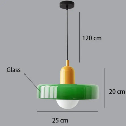 Modern pendant lighting featuring a vibrant green glass pendant with yellow accent collar and white bulb in bauhaus style