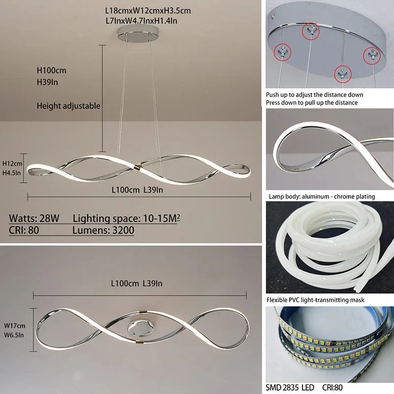 Glass Pendant Lights with LED for Modern Home Decor - E-silvery 100cm / Tricolor light - Chandelier