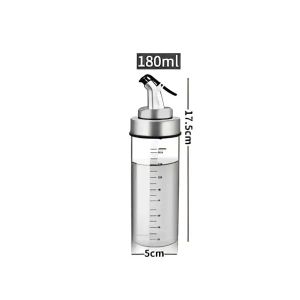 Clear glass seasoning dispenser bottle with stainless spout black accents and 180ml capacity for kitchen storage