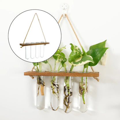 Glass Wall Hanging Planters with Wooden Holder - 1 Layer 4 tubes - Vase
