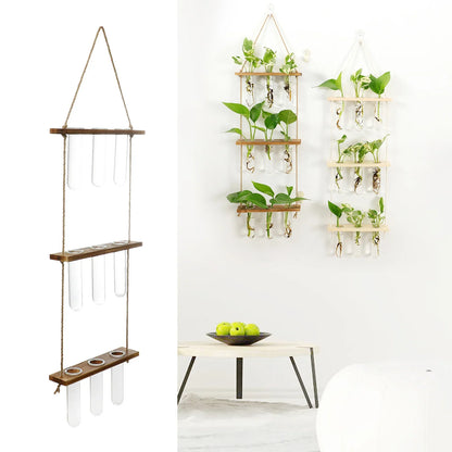 Glass Wall Hanging Planters with Wooden Holder - 3layers Rustic Wood - Vase