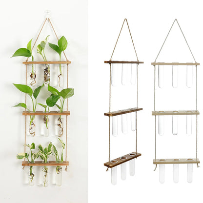 Glass Wall Hanging Planters with Wooden Holder - Vase