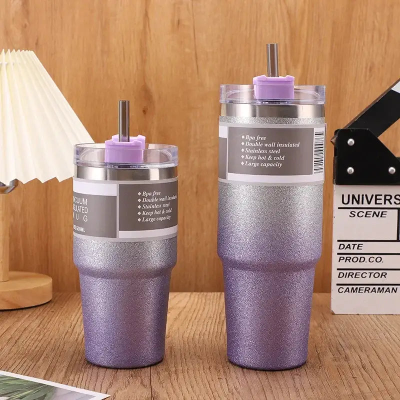 Purple glitter-finish stainless steel double wall insulated water bottle with clear lid and purple straw for kitchen use