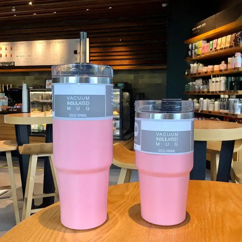 Glitter pink blue and teal stainless steel double wall insulated water bottle kitchen mug with pink lids and clear straw sleeves
