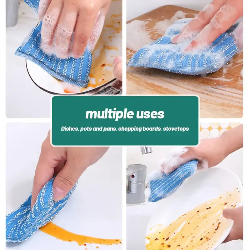 Blue and white striped scrubbing sponge with abrasive surface from decorbites kitchen cleaning set for dishes and countertops