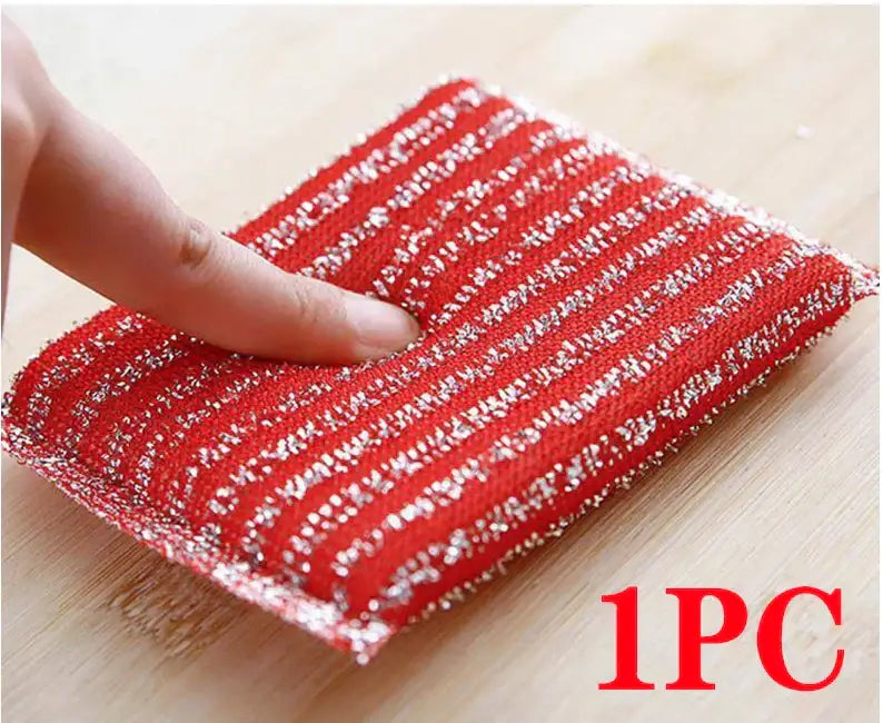 Red and silver striped stainless steel scrubbing pad from decorbites kitchen cleaning set for efficient kitchen cleaning