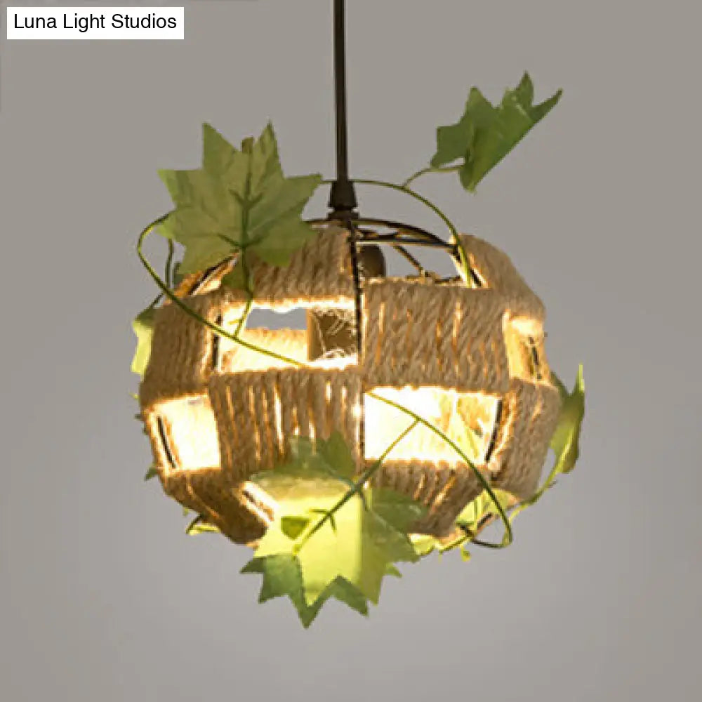 Global Cage Pendant Lamp with Rope and Metal 1 Head - Country Style Beige Hanging Light for Restaurants