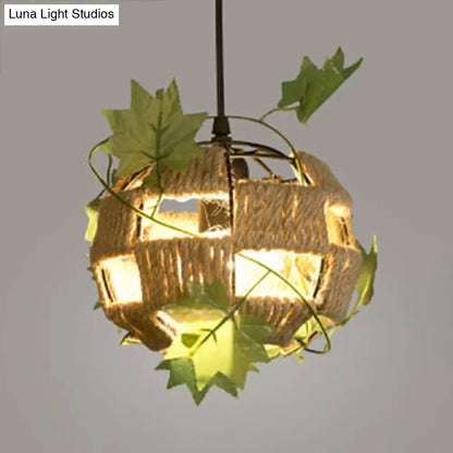 Global Cage Pendant Lamp with Rope and Metal 1 Head - Country Style Beige Hanging Light for Restaurants