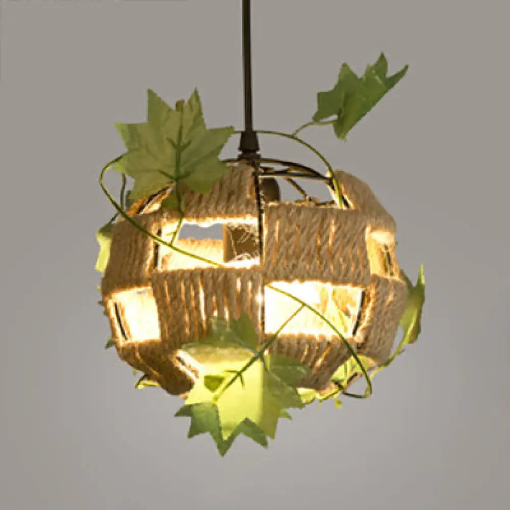 Global Cage Pendant Lamp with Rope and Metal 1 Head - Country Style Beige Hanging Light for Restaurants