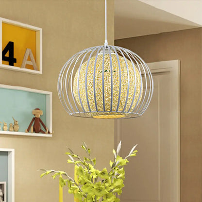 Globe Beige Cotton Shade Pendant Light Kit with Wire Cage - Modern Suspension for Dining Room, 1 Light