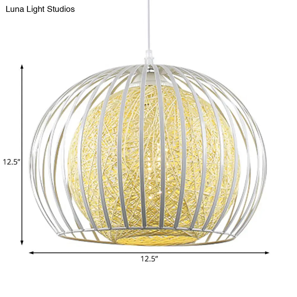 Globe Beige Cotton Shade Pendant Light Kit with Wire Cage - Modern Suspension for Dining Room, 1 Light