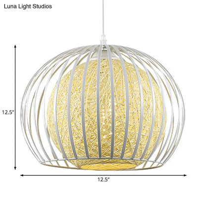 Globe Beige Cotton Shade Pendant Light Kit with Wire Cage - Modern Suspension for Dining Room, 1 Light