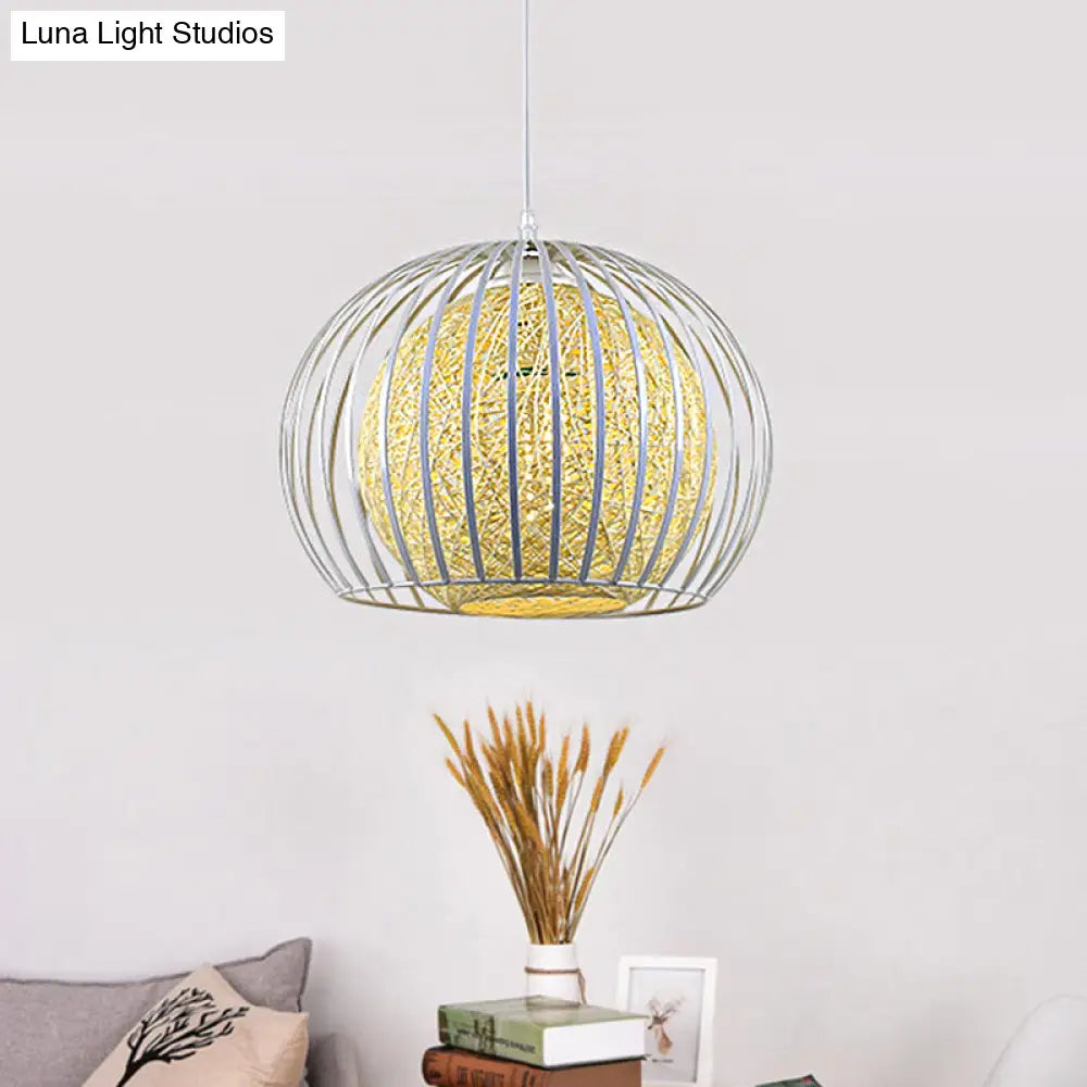 Globe Beige Cotton Shade Pendant Light Kit with Wire Cage - Modern Suspension for Dining Room, 1 Light