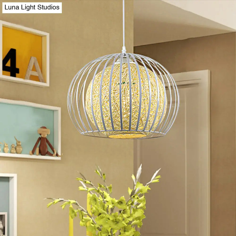 Globe Beige Cotton Shade Pendant Light Kit with Wire Cage - Modern Suspension for Dining Room, 1 Light