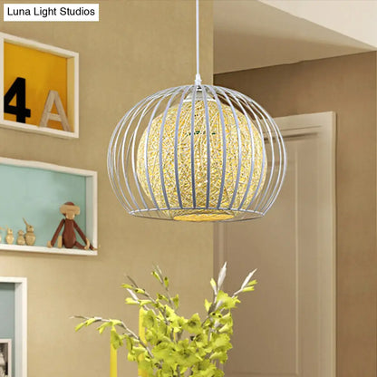 Globe Beige Cotton Shade Pendant Light Kit with Wire Cage - Modern Suspension for Dining Room, 1 Light