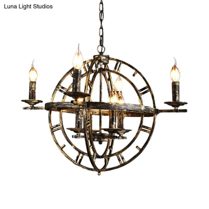 Globe Cage Chandelier - Industrial 6-Bulb Ceiling Light in Bronze/Black with Candle Design