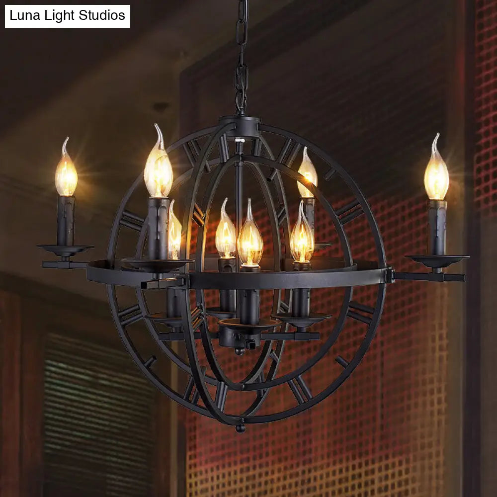 Globe Cage Chandelier - Industrial 6-Bulb Ceiling Light in Bronze/Black with Candle Design