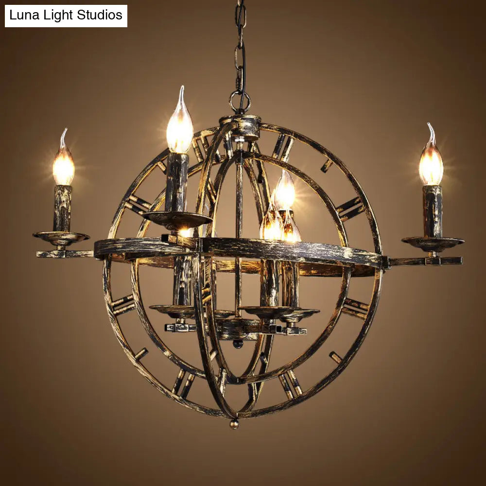 Globe Cage Chandelier - Industrial 6-Bulb Ceiling Light in Bronze/Black with Candle Design