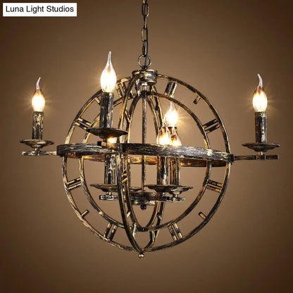 Globe Cage Chandelier - Industrial 6-Bulb Ceiling Light in Bronze/Black with Candle Design