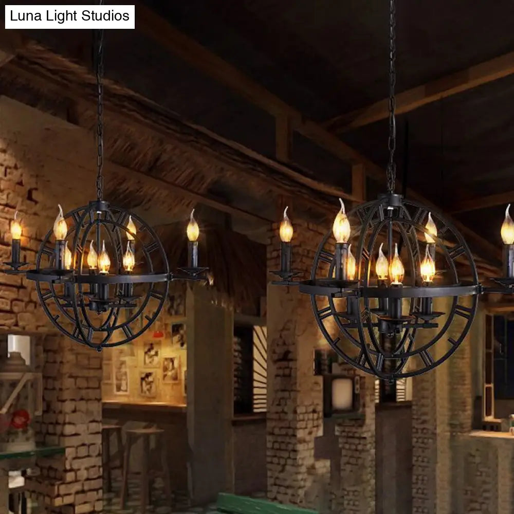 Globe Cage Chandelier - Industrial 6-Bulb Ceiling Light in Bronze/Black with Candle Design