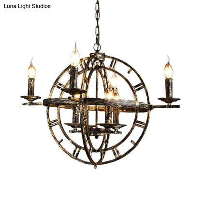 Globe Cage Chandelier - Industrial 6-Bulb Ceiling Light in Bronze/Black with Candle Design