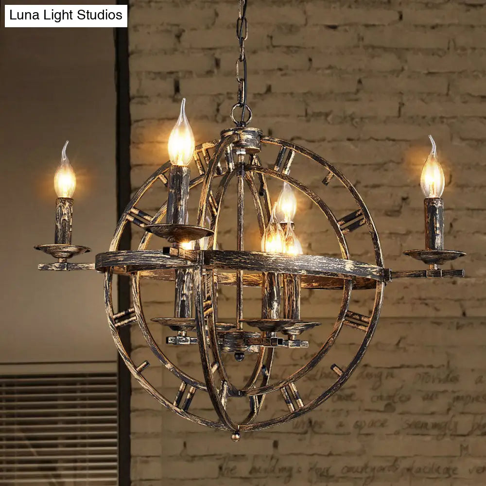 Globe Cage Chandelier - Industrial 6-Bulb Ceiling Light in Bronze/Black with Candle Design