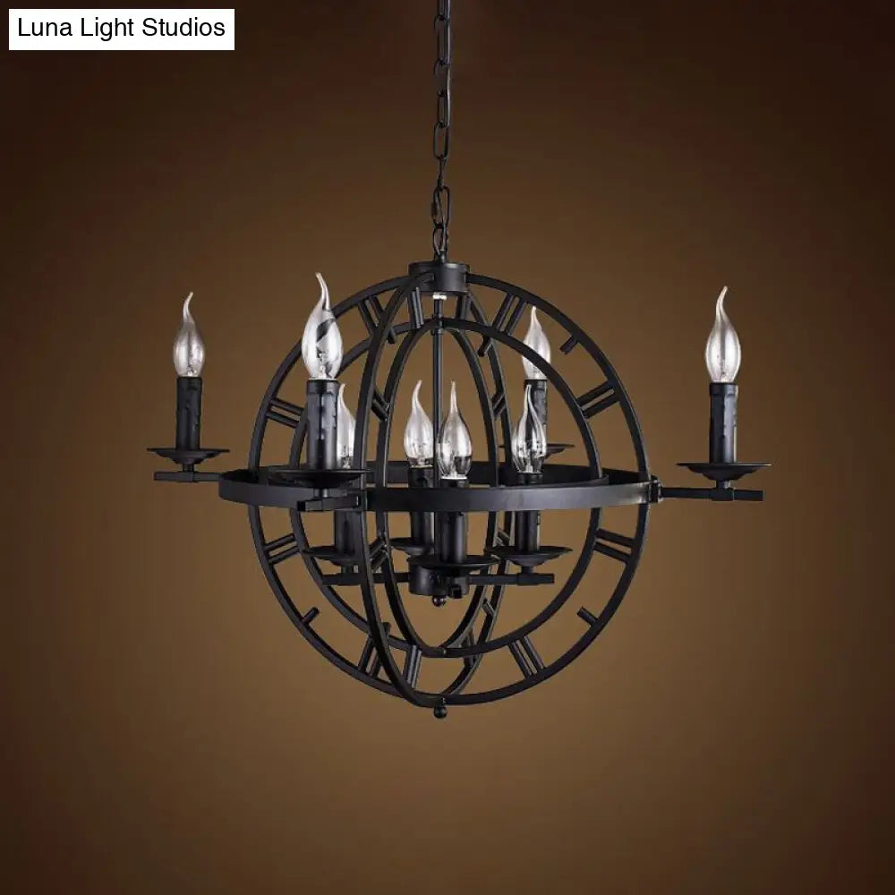 Globe Cage Chandelier - Industrial 6-Bulb Ceiling Light in Bronze/Black with Candle Design