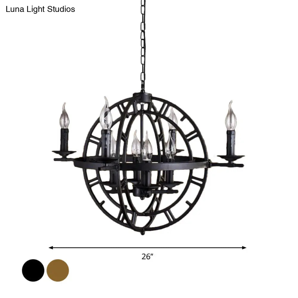 Globe Cage Chandelier - Industrial 6-Bulb Ceiling Light in Bronze/Black with Candle Design