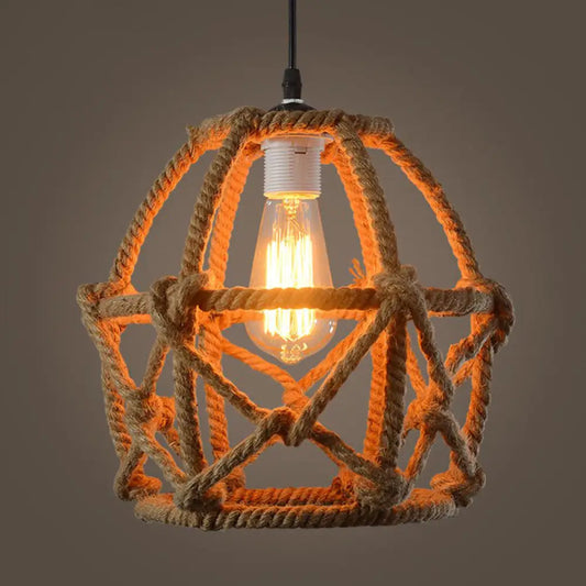 Globe Cage Hemp Rope Pendant Light - Antique Brown Finish, 1-Light Fixture for Restaurants