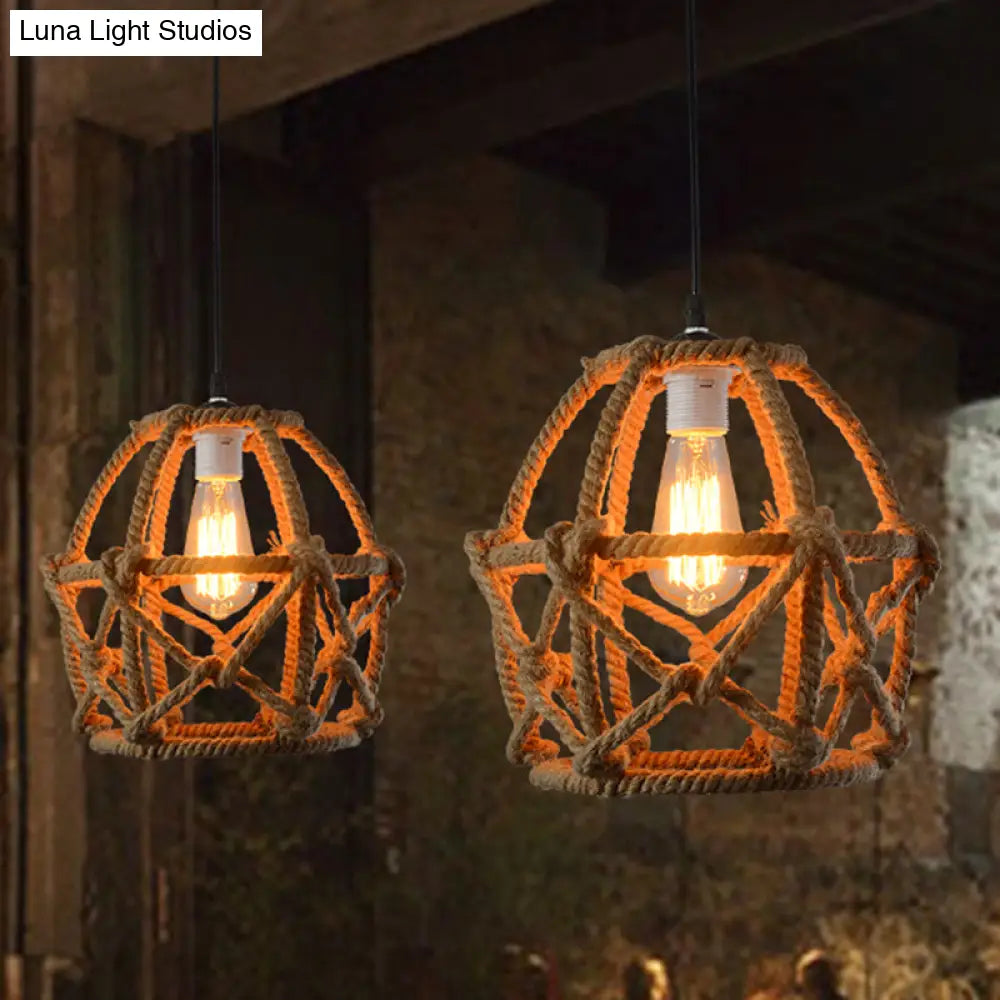 Globe Cage Hemp Rope Pendant Light - Antique Brown Finish, 1-Light Fixture for Restaurants