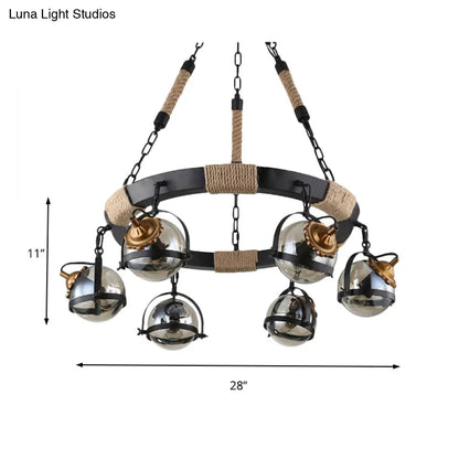 Globe Chandelier Lamp: Farmhouse Style 6/8-Light Rope Hanging Light with Amber Glass Shade - Ideal for Restaurants in Black