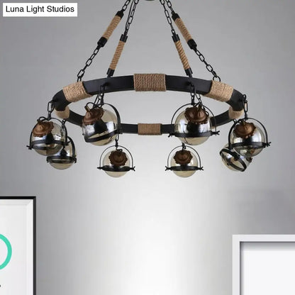 Globe Chandelier Lamp: Farmhouse Style 6/8-Light Rope Hanging Light with Amber Glass Shade - Ideal for Restaurants in Black