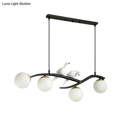 Globe Chandelier Light - Milk White/Smoke Grey Glass - Minimal 4 Lights - Black/Gold Finish - Birds Deco