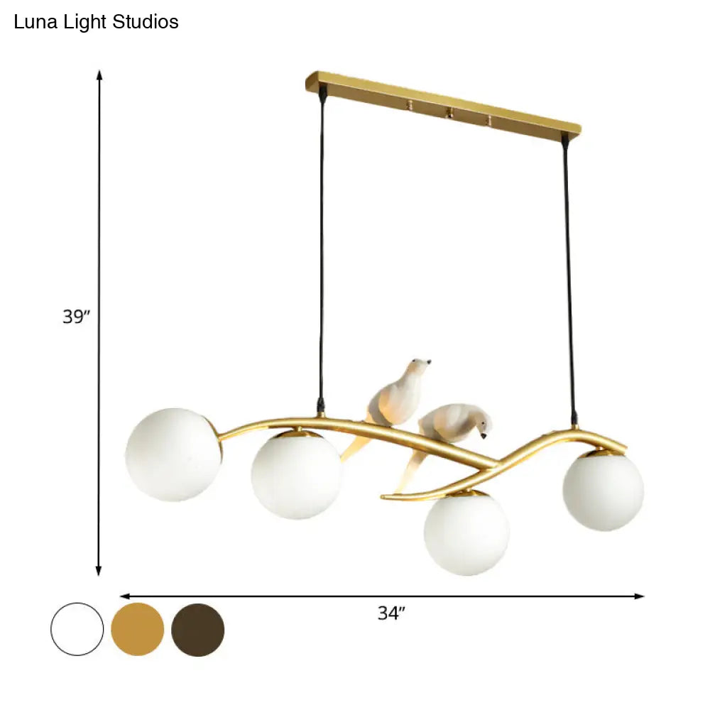 Globe Chandelier Light - Milk White/Smoke Grey Glass - Minimal 4 Lights - Black/Gold Finish - Birds Deco