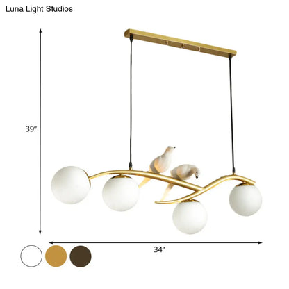 Globe Chandelier Light - Milk White/Smoke Grey Glass - Minimal 4 Lights - Black/Gold Finish - Birds Deco