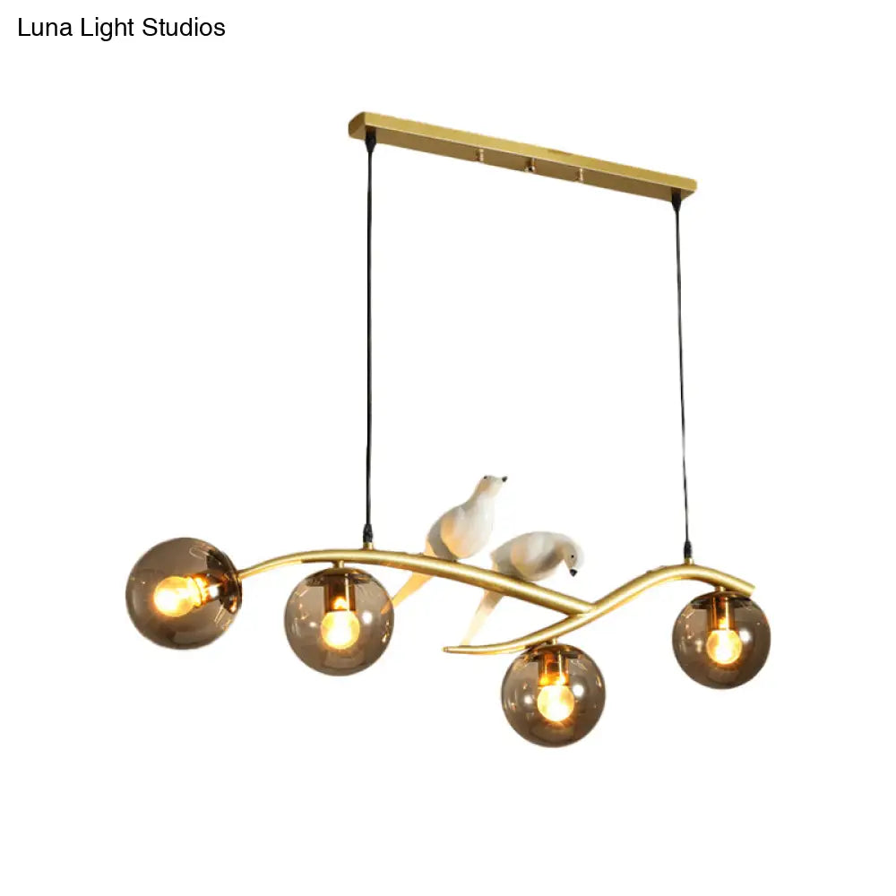 Globe Chandelier Light - Milk White/Smoke Grey Glass - Minimal 4 Lights - Black/Gold Finish - Birds Deco