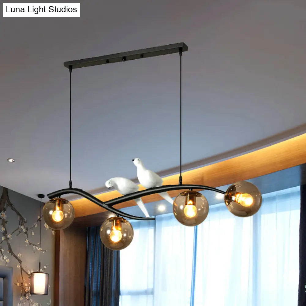 Globe Chandelier Light - Milk White/Smoke Grey Glass - Minimal 4 Lights - Black/Gold Finish - Birds Deco