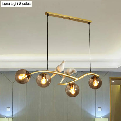 Globe Chandelier Light - Milk White/Smoke Grey Glass - Minimal 4 Lights - Black/Gold Finish - Birds Deco