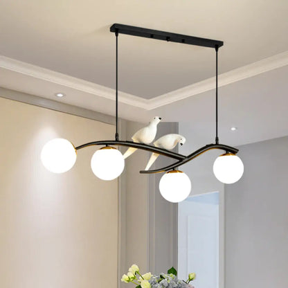 Globe Chandelier Light - Milk White/Smoke Grey Glass - Minimal 4 Lights - Black/Gold Finish - Birds Deco