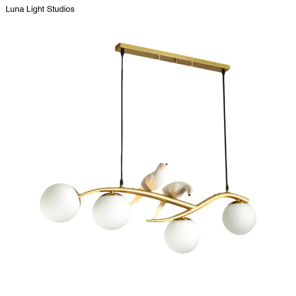 Globe Chandelier Light - Milk White/Smoke Grey Glass - Minimal 4 Lights - Black/Gold Finish - Birds Deco