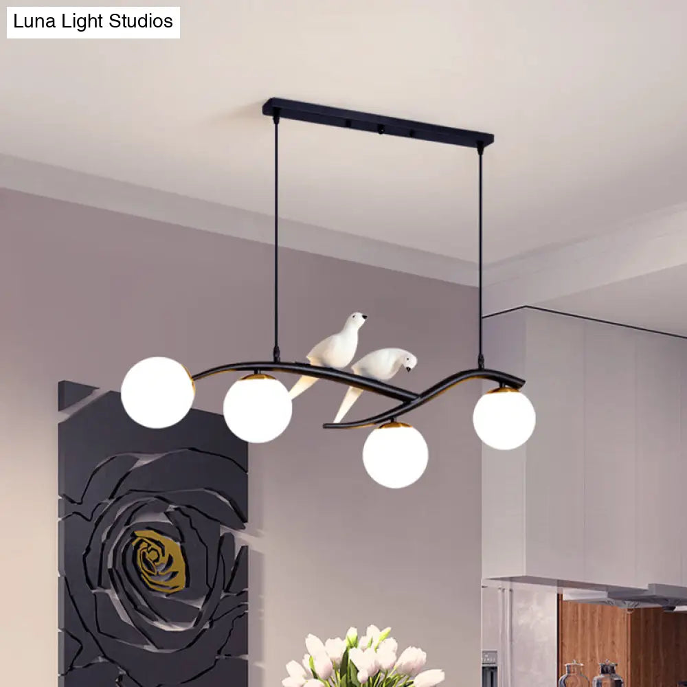 Globe Chandelier Light - Milk White/Smoke Grey Glass - Minimal 4 Lights - Black/Gold Finish - Birds Deco