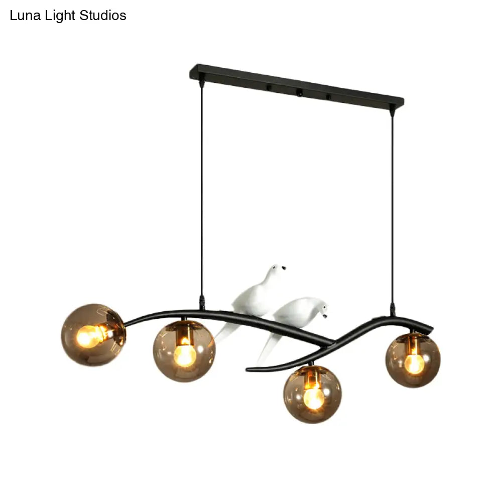 Globe Chandelier Light - Milk White/Smoke Grey Glass - Minimal 4 Lights - Black/Gold Finish - Birds Deco