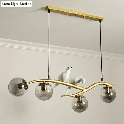 Globe Chandelier Light - Milk White/Smoke Grey Glass - Minimal 4 Lights - Black/Gold Finish - Birds Deco