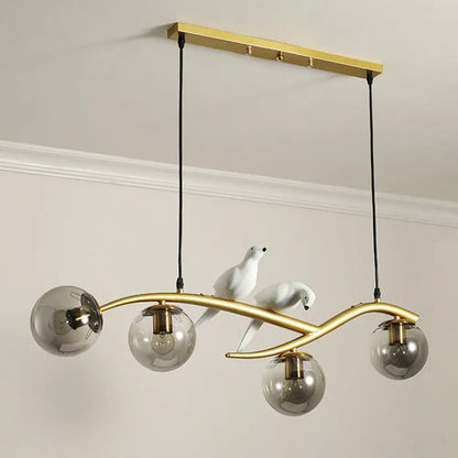 Globe Chandelier Light - Milk White/Smoke Grey Glass - Minimal 4 Lights - Black/Gold Finish - Birds Deco