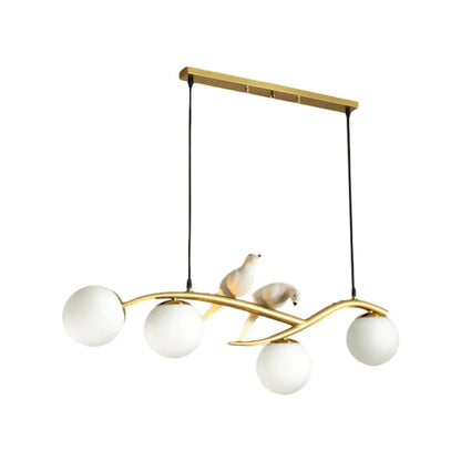 Globe Chandelier Light - Milk White/Smoke Grey Glass - Minimal 4 Lights - Black/Gold Finish - Birds Deco